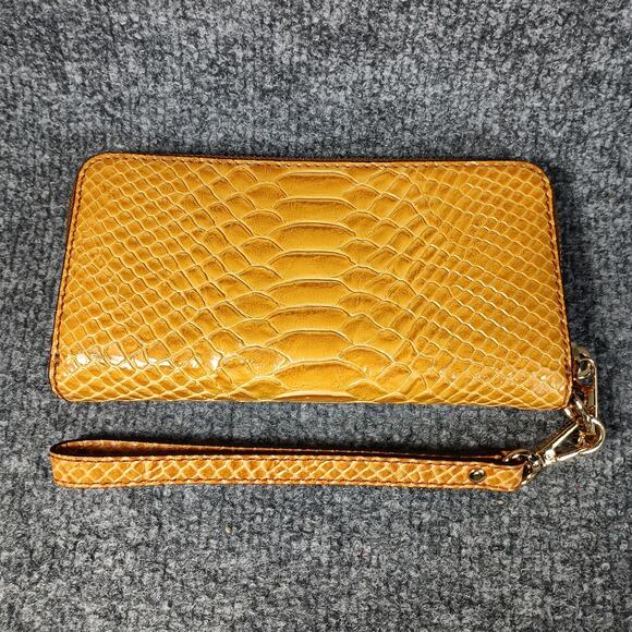 Michael Kors Wristlet Wallet Womens Yellow Embossed Faux Snakeskin Clutch Purse - Picture 2 of 6